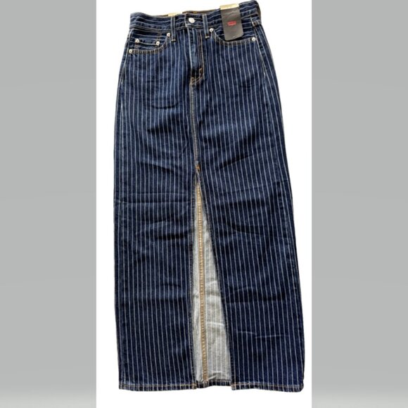 Levi's Premium Ankle Column Denim Skirt Striped Partly Masked Dark Wash NWT - Picture 7 of 12